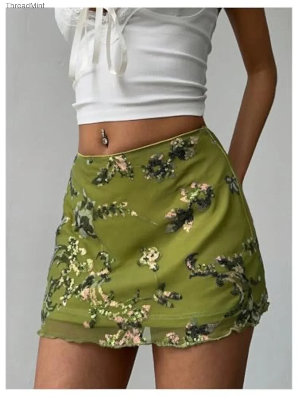 Sequin Mini Skirt Embroidered Low Rise A-Line Stretch Party Wear